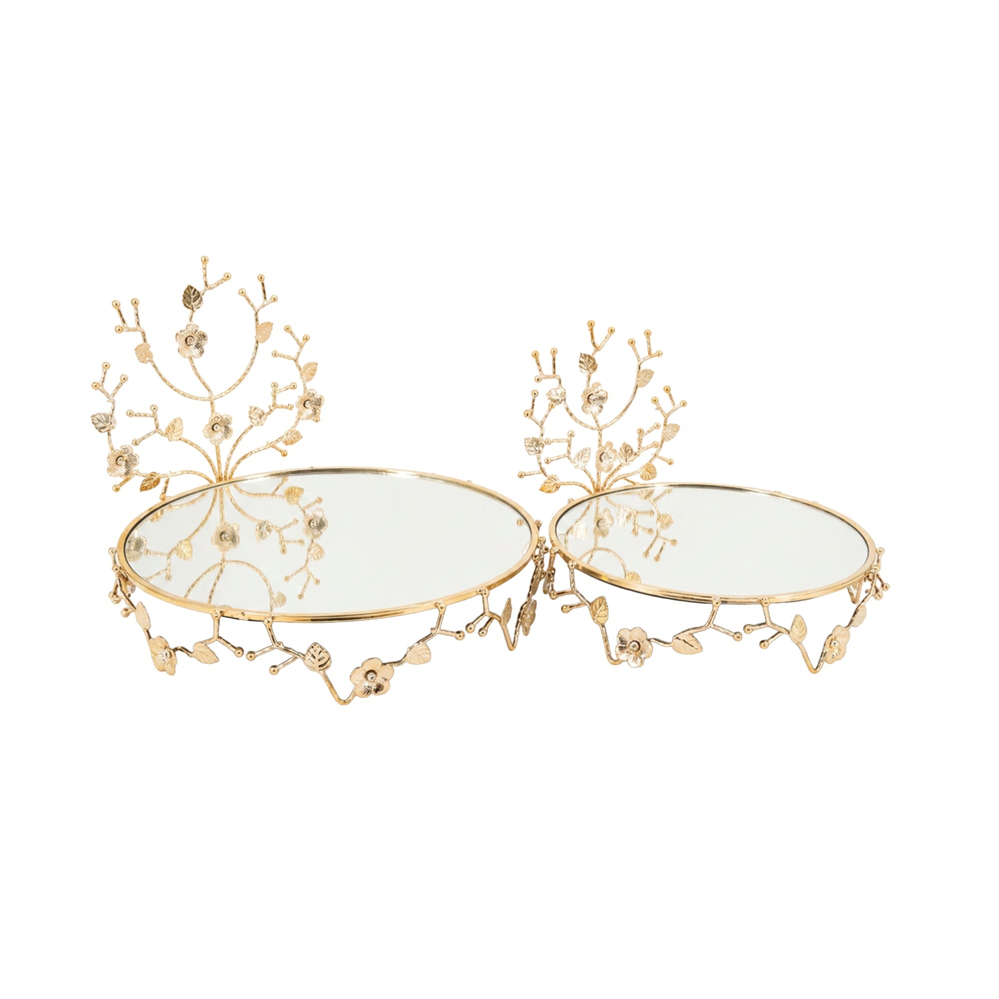 2 Piece Round Mirror Tray Set Gold